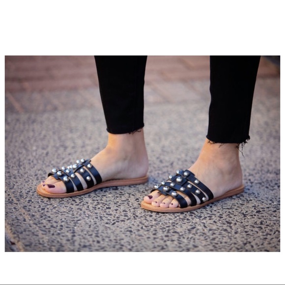 BLACK LEATHER SANDALS SLIDES MARC FISHER SLIP ONS STUDD CAGED FLATS A2C - Picture 14 of 16